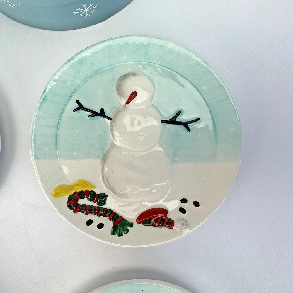 SNOWMAN How To Build CHRISTMAS WINTER Bread Dessert Appetizer Plates‎ Dishes Set